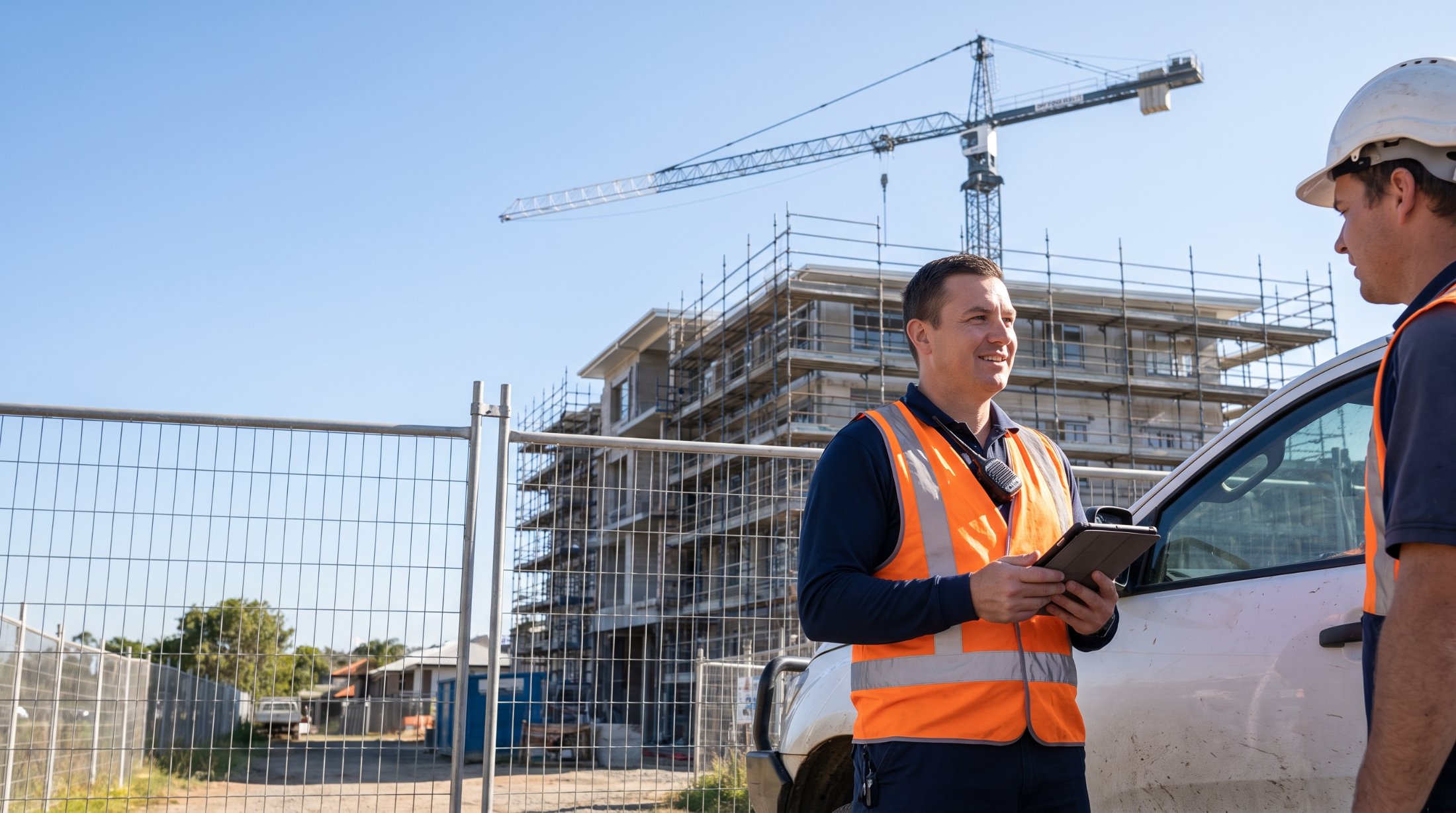 Security officer in a hi-vis vest checking in a tradesperson at a construction site gate