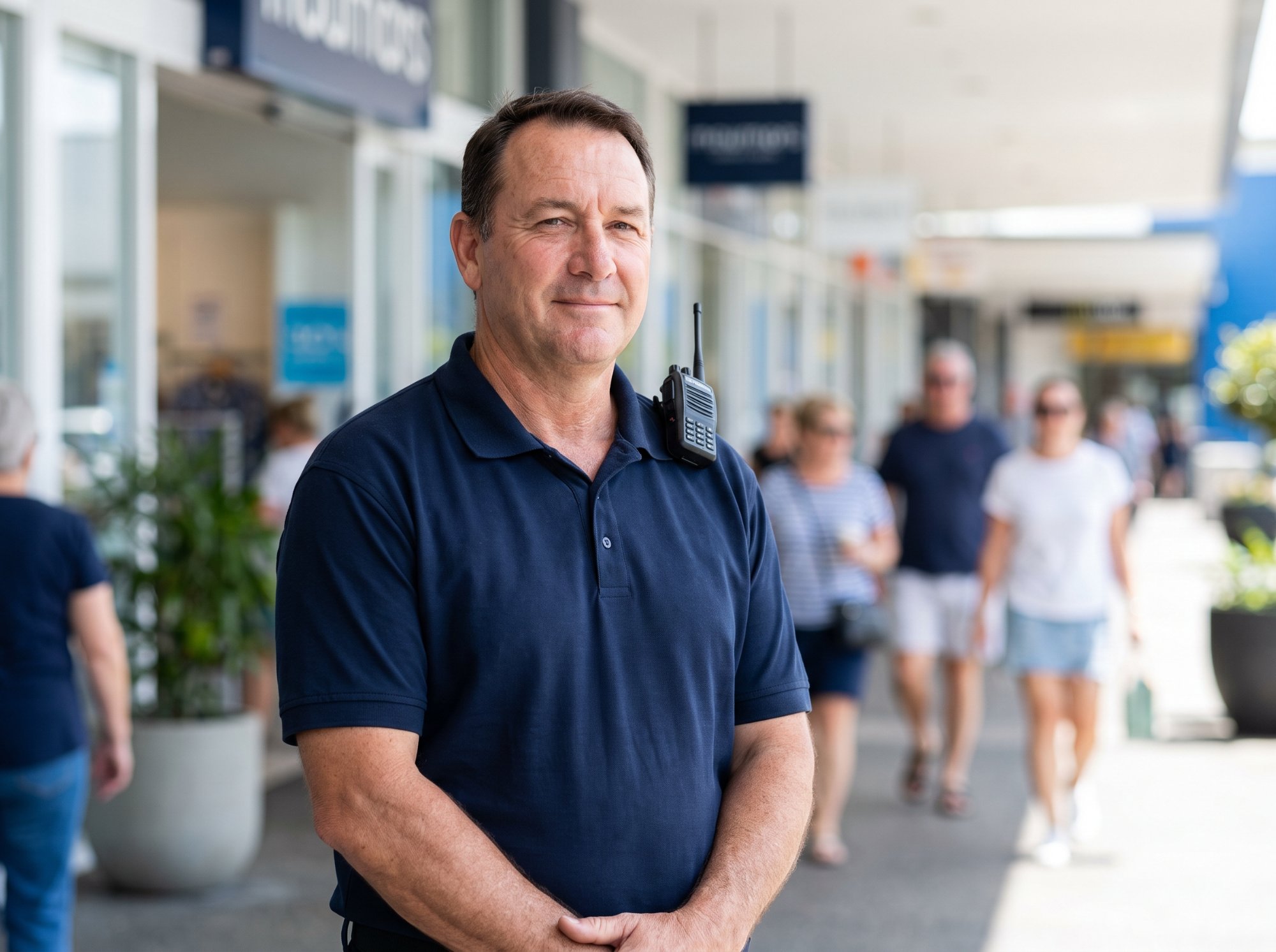 Security officer at the entrance of a shopping centre