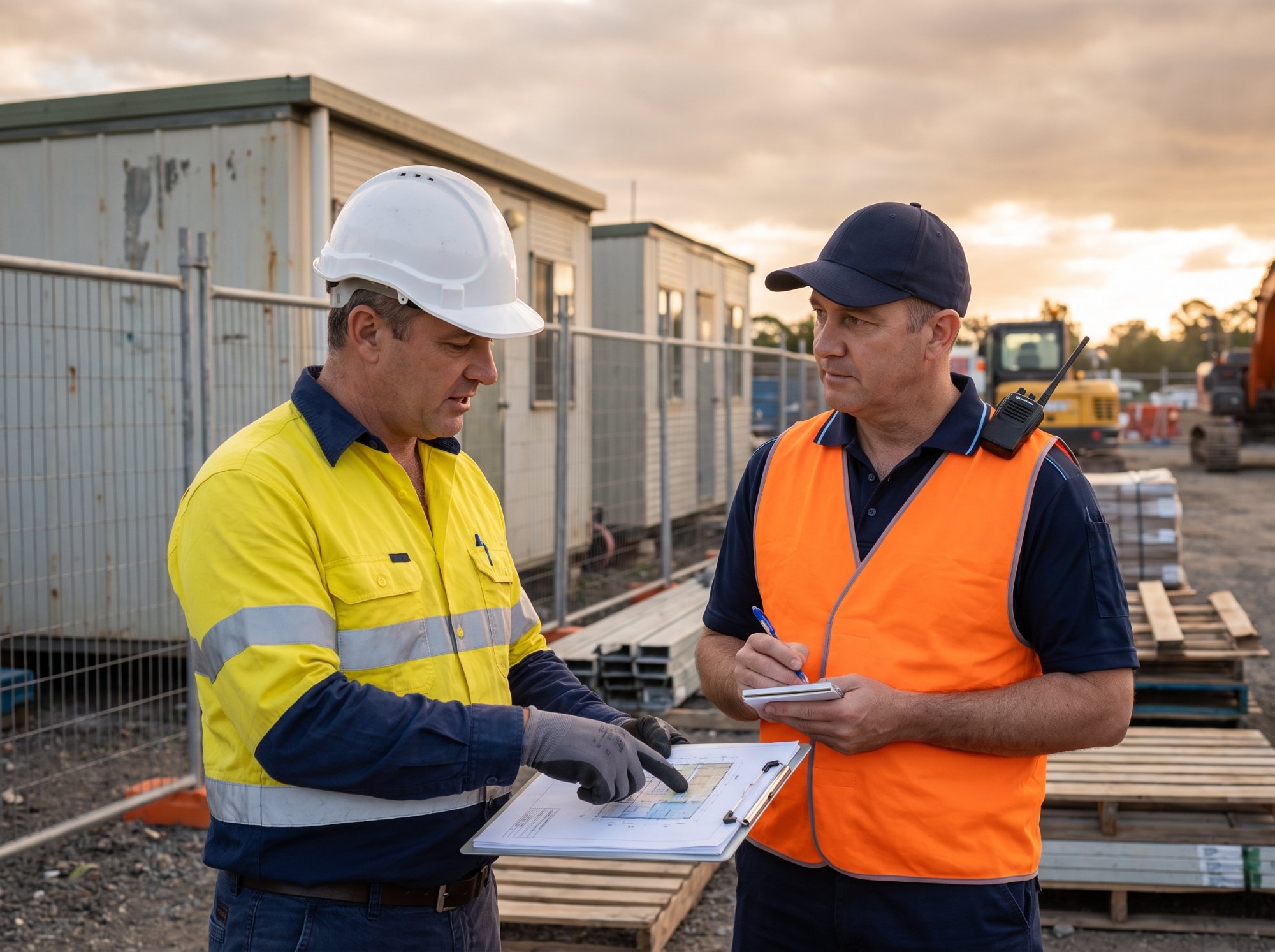 Site manager going through a site plan with a security officer